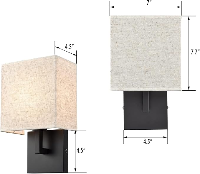 YUBOLE Industrial Wall Sconces Black Bedroom Wall Lamp with Khaki Slub Fabric Shade Dimmable Set of 2