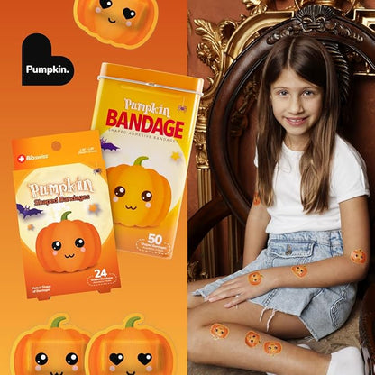 BioSwiss Kids Bandages, Halloween Pumpkin Shaped Self Adhesive Bandage Set, Latex Free, Sterile Wound Care, 24 Count