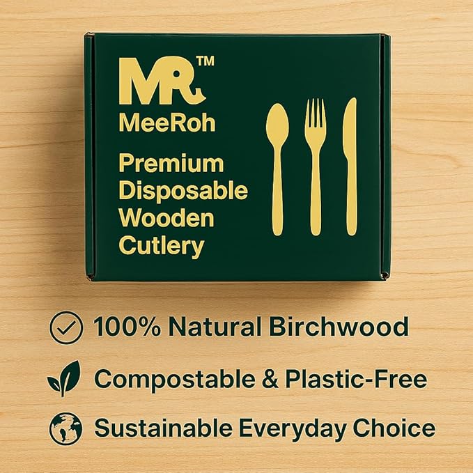 Premium Eco-Friendly Heavy-Duty Disposable Cutlery Set – 300-Piece Sturdy Forks, Spoons & Knives | Biodegradable, Compostable, Smooth Finish for Parties, Events & Camping Utensils – By MeeRoh