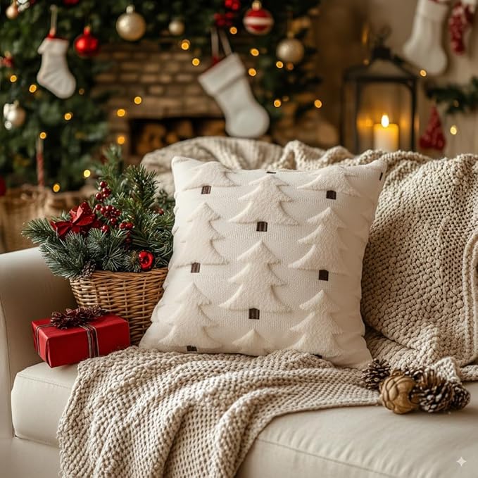 GEEORY Christmas Pillow Covers 16x16 Inch Set of 2, Christmas Decorations Xmas Tree Soft Plush Fluffy Faux Fur Decorative Throw Pillows Farmhouse Winter Cushion Case Beige Brown GC034-16