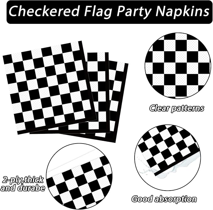 100 Pack Black and White Checkered Flag Party Napkins Disposable Race Car Birthday Party Supplies Racing Car Theme Party Paper Lunch Napkins for Baby Shower Kids Men Party Decorations Favors