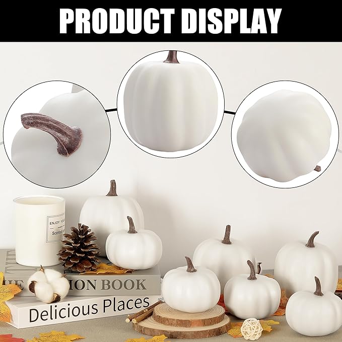 Artgar Pumpkin Decor - White Artificial Pumpkins - 8 PCS Foam Pumpkin Set for Fall Halloween Thanksgiving Harvest Holiday DIY Decor for Home Tabletop Mantel Decoration
