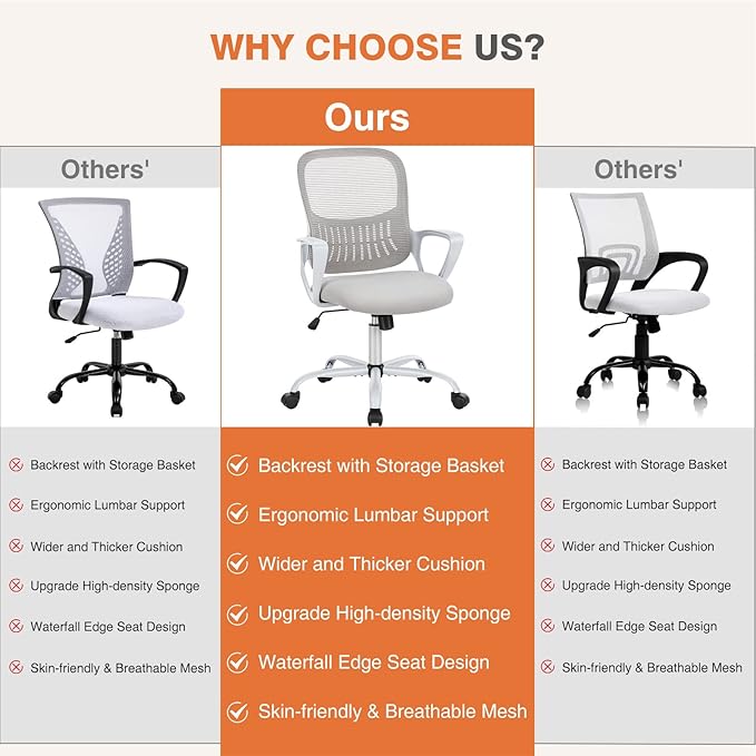 Sweetcrispy Ergonomic Mid-Back Mesh Home Office Desk Chair with Wheels, Lumbar Support, and Comfortable Armrests for Home, Bedroom, Study, Office