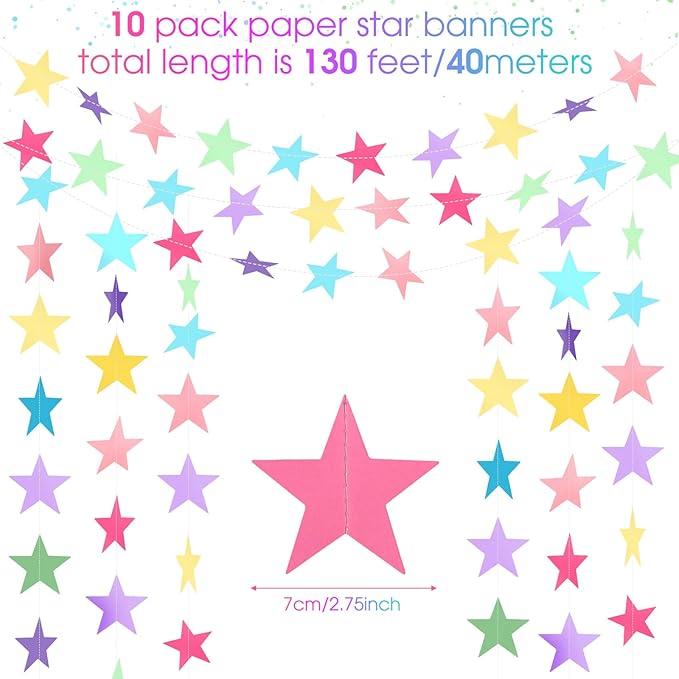 Patelai Glitter Star Garland Banner Christmas Decor 130 Feet Star Hanging Bunting Banner Twinkle Backdrop for Homecoming Classroom Wedding Birthday Halloween Party Supplies(Macaron Color)