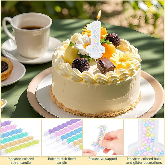 Number Birthday Candle with 12PCS Spiral Candles and A Birthday Card - Perfect for Celebrating Birthdays (Macaron Glitter, Number 1)