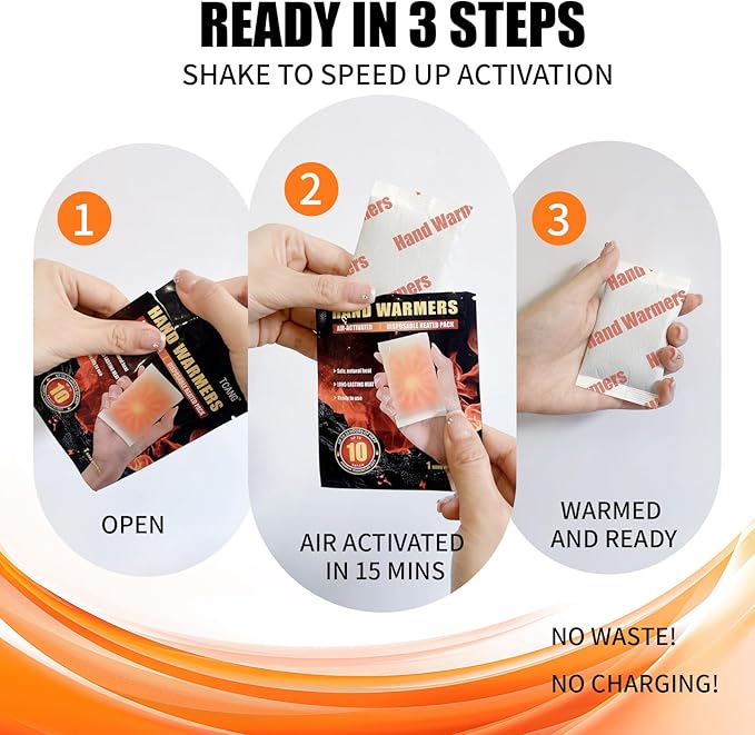 Hand Warmers Disposable - Up to 10 Hours of Heat - 50/100/200 Pack Super Long Lasting Air Activated Warmers, All Natural, Portable for Body, Hands & Toes - Odorless Hot Warmer Heater for Sport