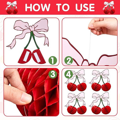 3D Cherry Bow Honeycomb Decorations, 4-Pcs 12 Inch Large Cherry Table Decorations and Cherry On Top Centerpieces, Cherry Decoration for Birthdays Party, Baby Shower & Home Cherry Decorations
