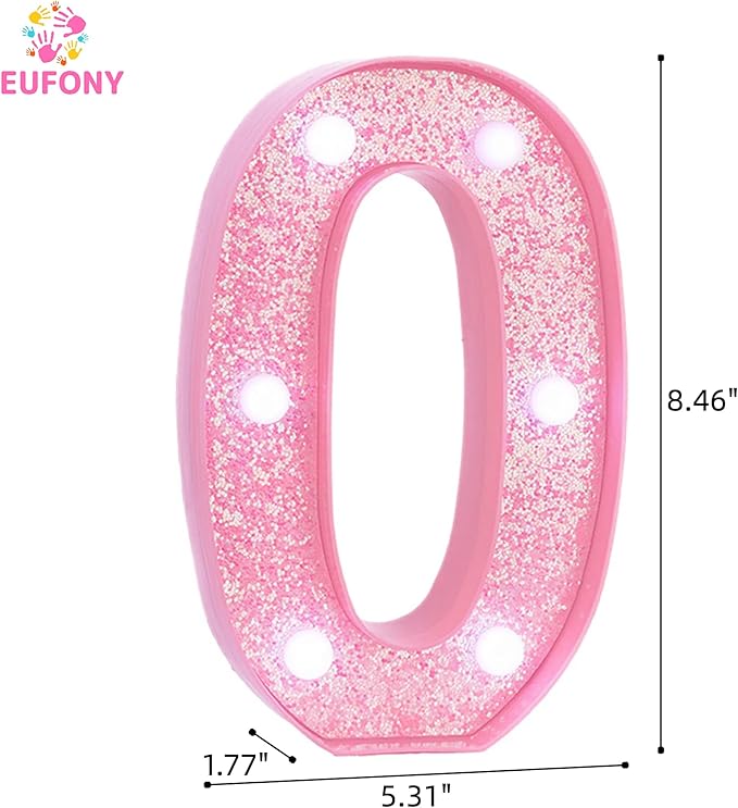 Pink LED Light Up Marquee Numbers, Glitter Lighted Numbers Sign Battery Operated for Girls Birthday Party Decorations, Room Table Top Wall Decor for Girls, Pink Number 0 with Cool White Lights