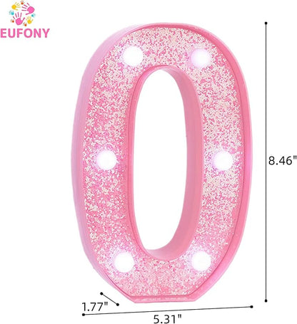 Pink LED Light Up Marquee Numbers, Glitter Lighted Numbers Sign Battery Operated for Girls Birthday Party Decorations, Room Table Top Wall Decor for Girls, Pink Number 0 with Cool White Lights