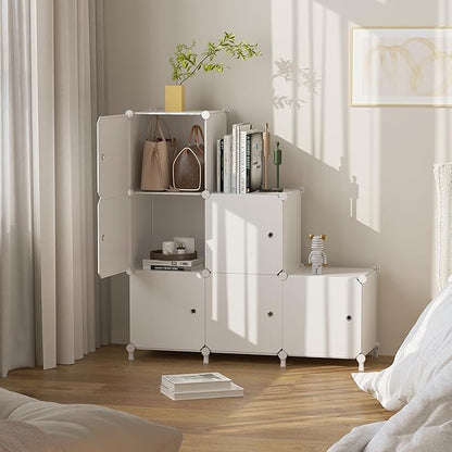 Cube Storage Organizer, 6-Cube Shelves Unit with Doors, DIY Stackable Plastic Clothes Organizer for Bedroom and Under Stairs Storage Unit, Each Compartment 30 x 30 x 30 cm White ATTSL6002