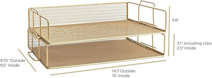 BLU MONACO Gold Mesh Paper Tray – Set of 2 Stackable Letter Trays – Durable Metal Desk Organizer for Home, Office & School – Stylish Document Holder, File Storage, and Workspace Organizer