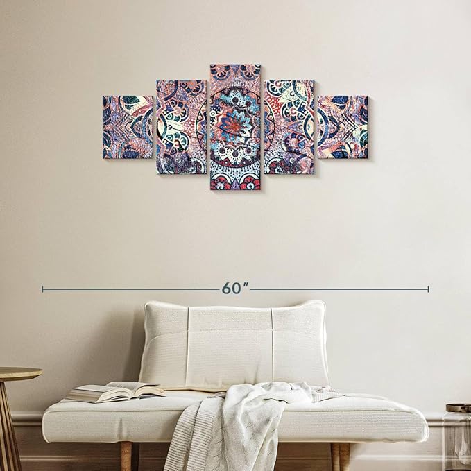 ElephantStock - Mandala Enchantment Wall Art - Horizontal Multi Panel Canvas - 5 Piece Living Room Wall Decor - Digital Art Elements Multi Piece Wall Art - Blue And Beige Decor - 42" x 19"