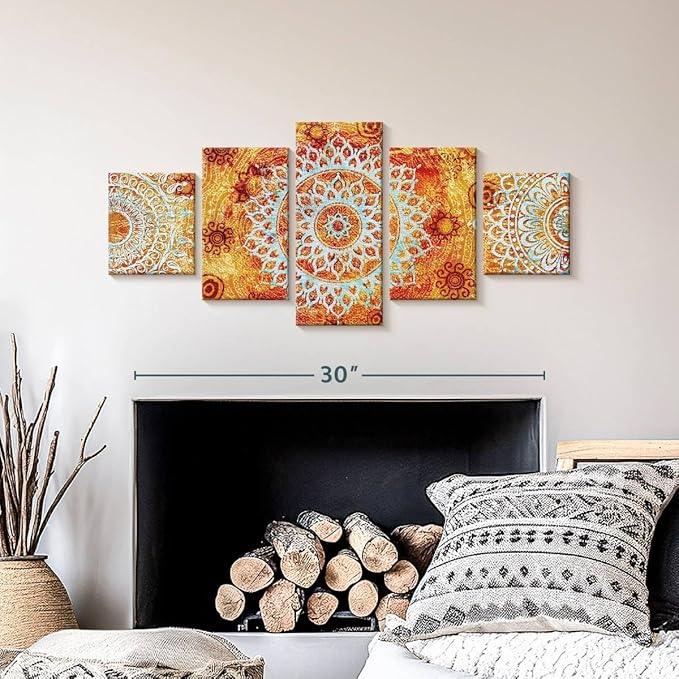 ElephantStock - Sun Like Mandala Symbols Wall Art - Horizontal Multi Panel Canvas - 5 Piece Living Room Wall Decor - Digital Art Elements Multi Piece Wall Art - Orange And Blue Decor - 36" x 15"