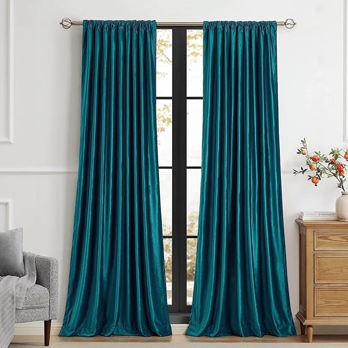PRIMROSE Teal Velvet Curtains 90 inch Long for Living Room,Set of 2 Panels Blackout Rod Pocket Back Tab Window Treatment Room Darkening Heavy Decorative Curtains Drapes for Bedroom