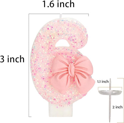 Birthday Candle for Cake, 6 Candle - Pink Glitter with Bowknot, 2.76 inch Happy Birthday Candle, Cake Topper Decoration for 6 Years Old Birthday Party (Number 6)
