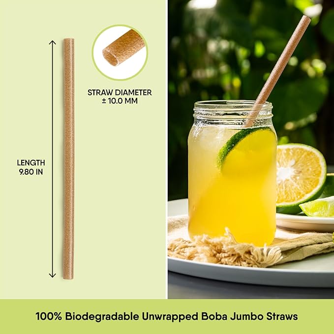 – 70 PCS of 9.80 Inches Unwrapped Biodegradable Jumbo Boba Straws – Made of Vegetable Fibers, Best Environment Friendly Drinking Straws for Hot and Cold Beverages