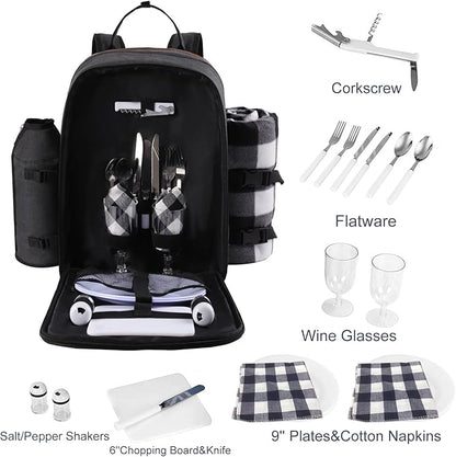 ALLCAMP OUTDOOR GEAR Picnic Backpack for 2 Person Set W/Detachable Bottle/Wine Holder, Fleece Blanket, Plates and Cutlery Set (Black)