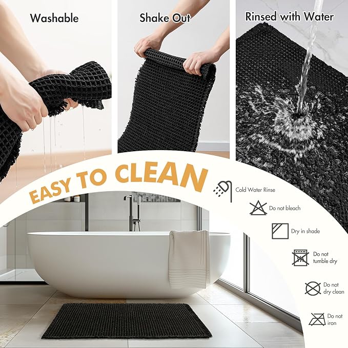 MIULEE Set of 2 Waffle Bathroom Rugs, Boho Bath Rugs Non Slip Washable, Super Absorbent Bath Mats, Ultra Soft Rubber Backed Shower Mats for Bathroom Floor, Tub, Black, 17"x24"+18"x30"
