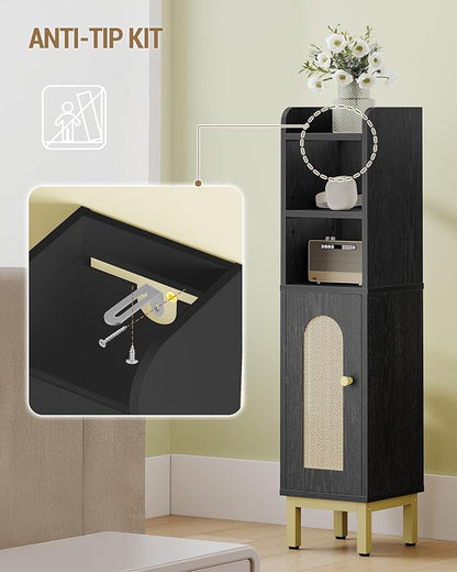 Bathroom Storage Cabinet, Small Corner Floor Cabinet with Door and Shelves, Narrow Toilet Paper Holder, Bathroom Organizer with Adjustable Shelf, for Small Spaces, Rattan Black BC08204Y