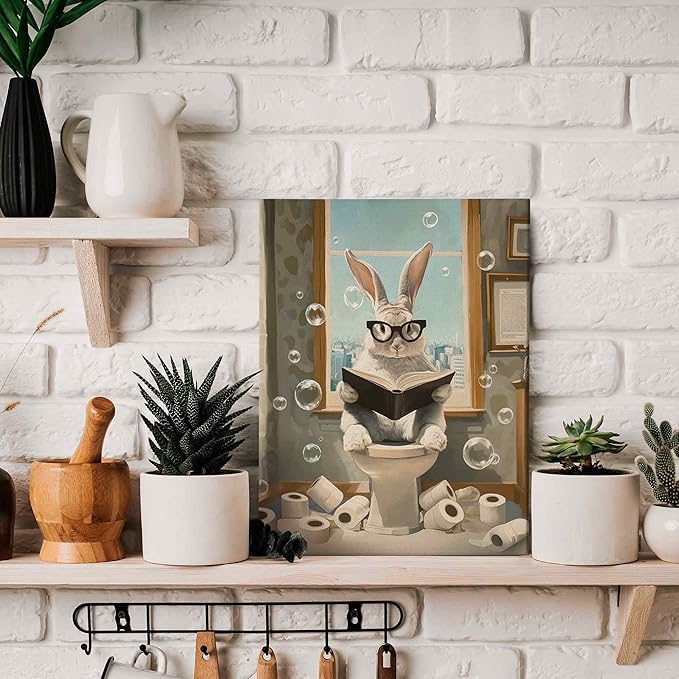 TLESKE Funny Bathroom Bunny Rabbit Wall Art Decor 11x14, Bunny Rabbit Sitting on Toilet Canvas Wall Art Print for Bathroom, Easter Bunny Wall Artwork Picture