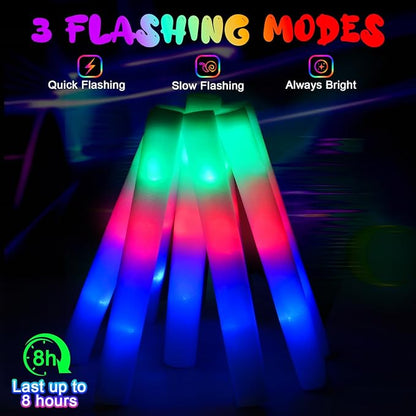 120 PCS Foam Glow Sticks with 3 Modes Colorful Flashing, LED Light Sticks, Glow in the Dark Party Suppliesfor Wedding, Raves, New Year Carnival
