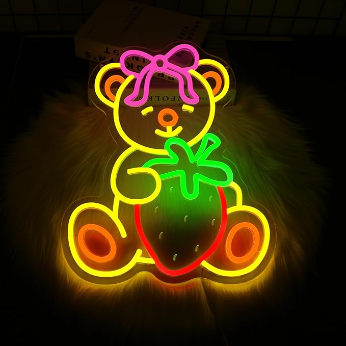 Strawberry Bear Neon Sign Girl Room Decor Led Neon Lights Signs for Wall Decor USB Powered Led for Room Decoration