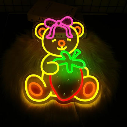 Strawberry Bear Neon Sign Girl Room Decor Led Neon Lights Signs for Wall Decor USB Powered Led for Room Decoration