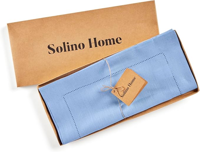 Solino Home Linen Cornflower Blue Table Runner 90 Inches Long - 100% Pure Linen Hemstitch 14 x 90 Inch Table Runner for Dining, Christmas, Holiday, New Year - Classic Hemstitch