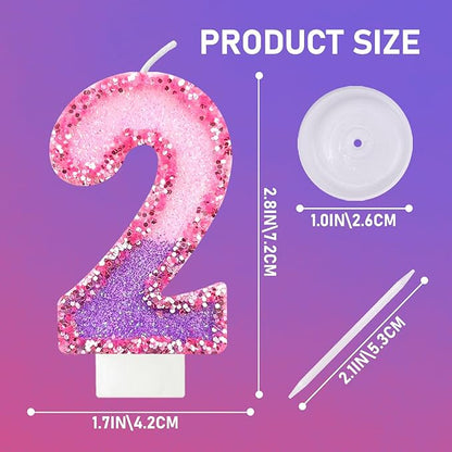Birthday Number Candles for Cake, Pink Purple Glitter Number Candles for Cake Toppers, Ideal Birthday Parties Cake Decor, Wedding Anniversary and Other Celebrations (2 Candle)
