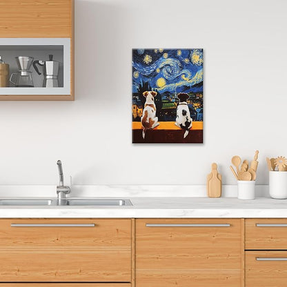 Dog Wall Art, Starry Night Dogs Pictures Wall Decor, Animal Canvas Prints Painting, Framed Artwork for Bathroom Living Room Bedroom Office Dining Room 24"X16"
