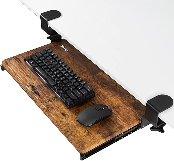 VIVO Small Keyboard Tray, Under Desk Pull Out with Extra Sturdy C Clamp Mount System, 20 (26 with Clamps) x 11 inch Slide-Out Platform Drawer, Rustic Vintage Brown Top, Black Frame, MOUNT-KB05ES-N