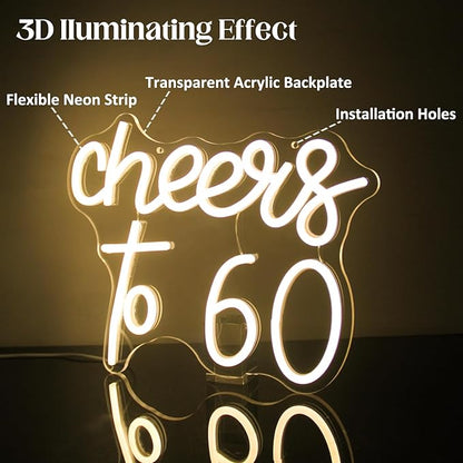 Cheers to 60 Neon Sign - 60th Birthday LED Neon Lights - Warm White - Happy Birthday Signs for Wall Decor - 60 Years LED Signs for Wall, Bedroom, Bar, Wedding, Party Decor