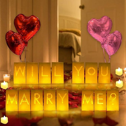 Will You Marry Me Lighted Letters Sign 15pcs Luminary Paper Bags 2200pcs Red Pink Artificial Rose Petals 48pcs Flameless LED Candle Tealight 15pcs Heart Balloons Romantic Night Valentine's Day