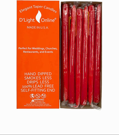 D'light Online Elegant 10" Red Taper Candles, Premium Quality Hand-Dipped Tapered Candles, Unscented, Smokeless, Dripless, Clean Burning Wax, Long Burning - Set of 12 (10 Inch, Red)