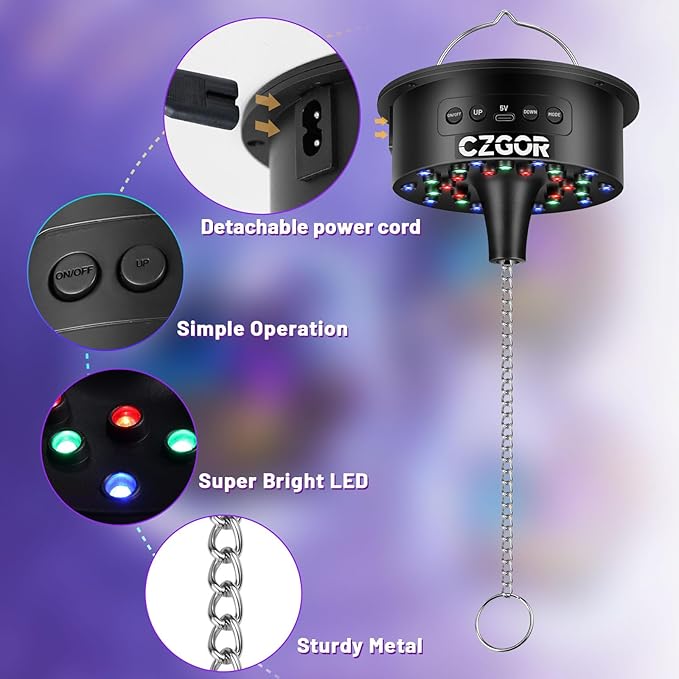 Disco Ball Motor with Light with Remote, Rotating 0/3/6/9/12/15 RPM Adjustable Speed, 16ft Detachable Power Cable/Battery/USB-C Power Mode, Supports 4'' - 16'' Mirror Balls for Party Christmas Wedding