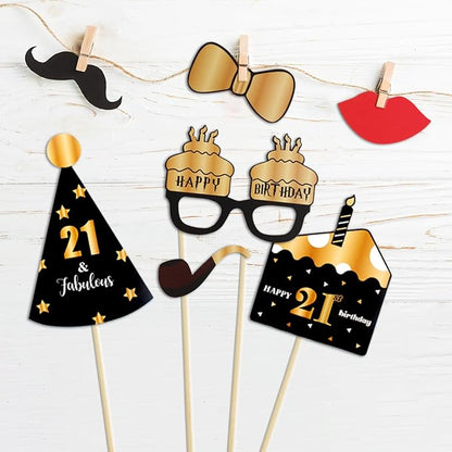 LINGTEER Happy 21st Birthday Party Photo Booth Props,Cheers to 21st Birthday 21st Years Old Bday Party Centerpieces Props Decorations Sign.