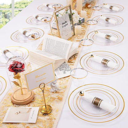 DaYammi 350PCS Clear Gold Plastic Dinnerware Set for 50 Guests, Christmas Plates Disposable, Include: 50 Dinner Plates, 50 Dessert Plates, 50 Pre Rolled Napkins with Gold Silverware, 50 Cups