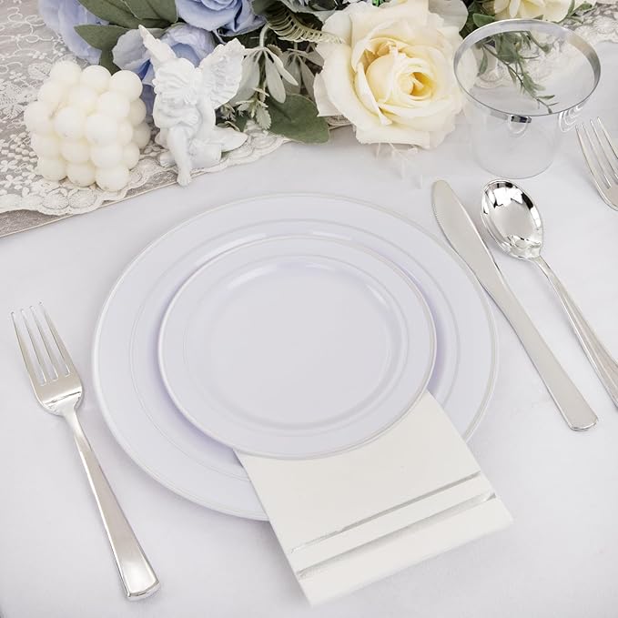 GATHER 350PCS Silver Plastic Plates - White and Silver Disposable Plates for 50 Guests Includes 50 Dinner Plates 50 Dessert Plate 50 Napkins 150 Silvery Cutlery and 50 Cups for Party & Christmas