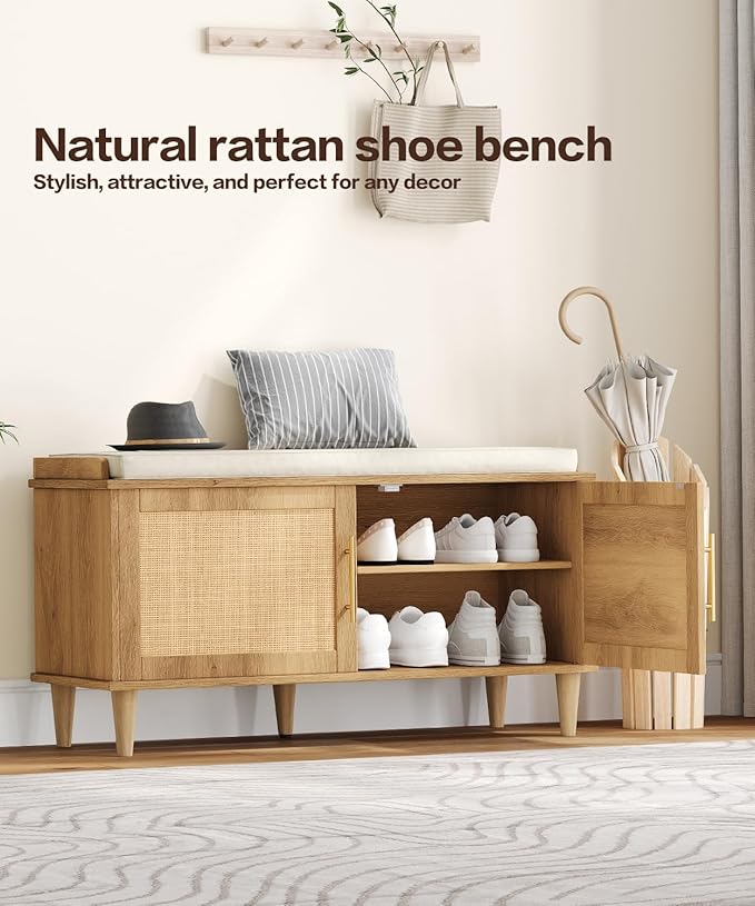 Rattan Shoe Storage Bench with Cushion, 2-Tier Entryway Bench with Adjustable Shelves and 2 Doors, 15" D x 39.4" W x 20" H, Solid Wood Legs, for Hallway, Living Room, Bedroom, Natural Oak