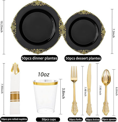 Hioasis 350pcs Black and Gold Plastic Plates - Diposable Dinnerware Set Suitable for 50 Guests Include 10.25" Dinner & 7.5" Dessert Plates, Pre Rolled Silverware Set, Cups for Party & Wedding