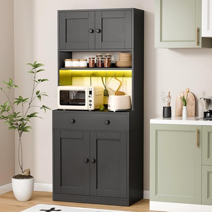 71" Tall Kitchen Pantry Storage Cabinet with Power Outlet & LED Light, Freestanding Food Pantry Cabinet with 4 Doors and Shelves, Cupboard with Drawer, Hutch with Microwave Stand (Black)