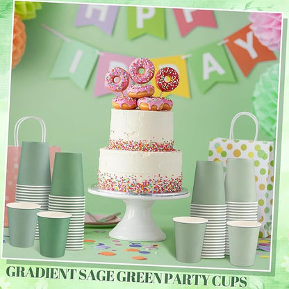 100 Pack Sage Green Paper Cups 9oz Gradient Sage Green Party Cups Disposable Paper Cups, Drinking Cups for Wedding Birthday Baby Shower Party Supplies