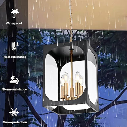 BONLICHT Large Outdoor Pendant Light Fixture 5 Light Modern Black Brass Outdoor Chandelier Porch Light with Clear Glass Exterior Pendant Lamp Ceiling Mount Hanging Lantern for Hallway Entrance Outside