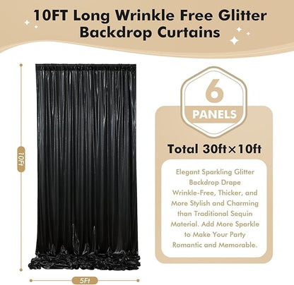30ftx10ft Shimmer Black Sequin Backdrop Curtain for Parties, Thick Wrinkle Free Glitter Backdrop Drapes Photo Back Drop Curtains for Birthday Wedding Halloween Photography Background-6 Panels 5x10ft