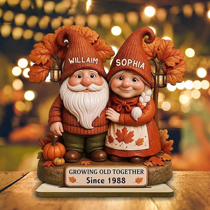 Personalized Gnome Couple Figurine, Growing Old Together Since 1988, Custom Autumn Decoration, Unique Fall for Couple, Engraved Family Ornament for Parents and Grandparents