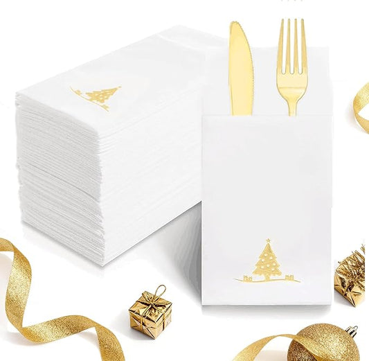 100PCS Christmas Napkins Disposable - Gold Paper Napkins with Built-in Flatware Pocket Prefolded Cloth Like - Heavy-duty Linen-Feel Dinner Napkins for Christmas & Party