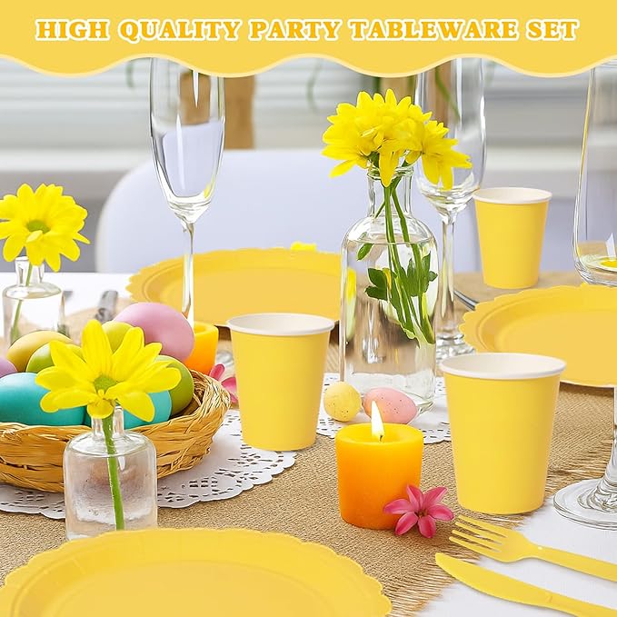Vyntra 350 PCS Disposable Plates for Party, Paper Plates & Napkins Set with Cups, Knives, Forks, Spoons, 7'' Dessert and 9'' Dinner Plates for Birthday, Picnic, BBQ - Yellow