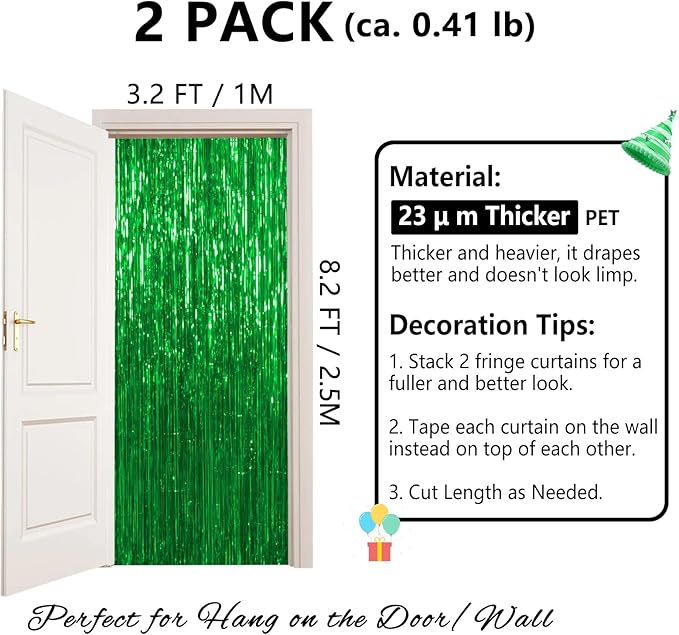 Thicken Green Streamers 2 Pack 3.2 x 8.2 FT, Green Birthday Decrorations Tinsel Backdrop Curtains, Foil Fringe Photo Backdrop for Dinosaur, Football, Christmas, Jungle, Golf Party Decorations