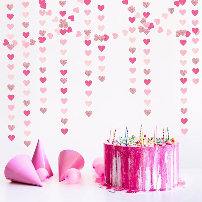 Hot-Pink Rose-Gold Party Decorations Heart-Garland - 52ft Wedding Bridal Shower Hanging Decoration Streamers Banner,Baby Girl Birthday Bachelorette Engagement Mohters Decor Panduola