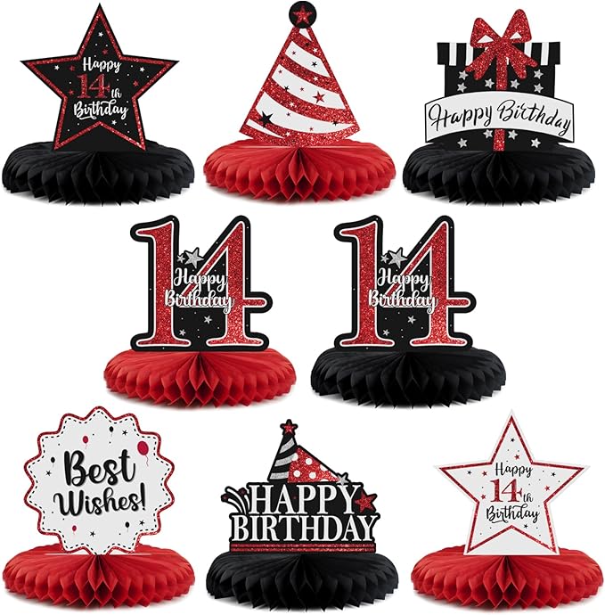 Happy 14th Birthday Decorations,14th Birthday Red Glitter Shiny Stand Honeycomb Table Centerpieces - Cheers to Fourteen Years Old Birthday Party Photoprop Gift Sign.